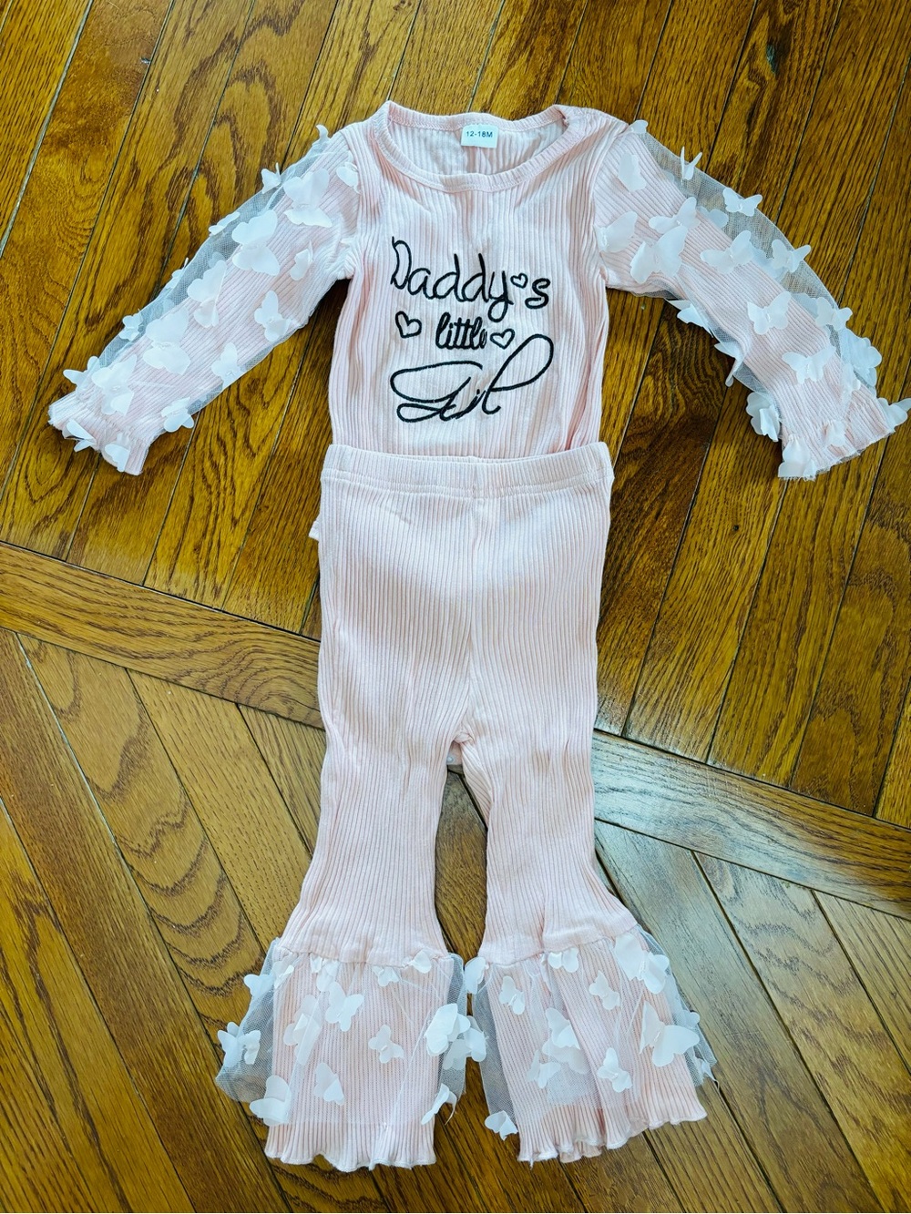 12-18m Daddys girl Pink Ribbed Two-Piece Set long sleeve pants Sheer Butterfly